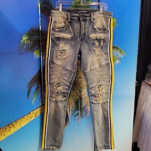 Distressed Gray Jeans with Yellow Stripe